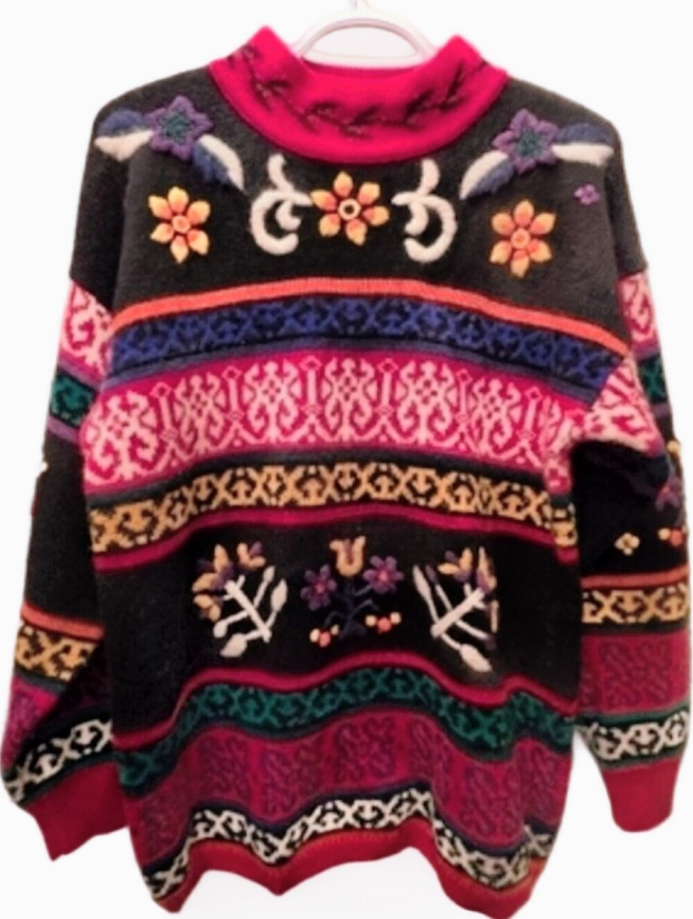 René Derhy Paris Embroidered Folk Boho Wool Blend Sweater Vintage Style S/M